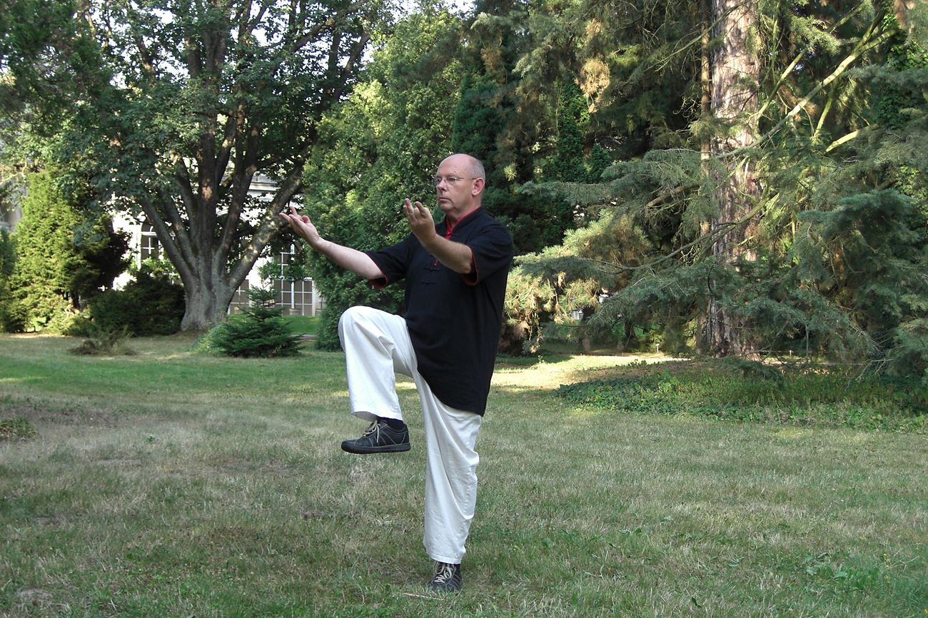 Horst-Rainer Rust übt Qi Gong auf einer Wiese zwischen Bäumen