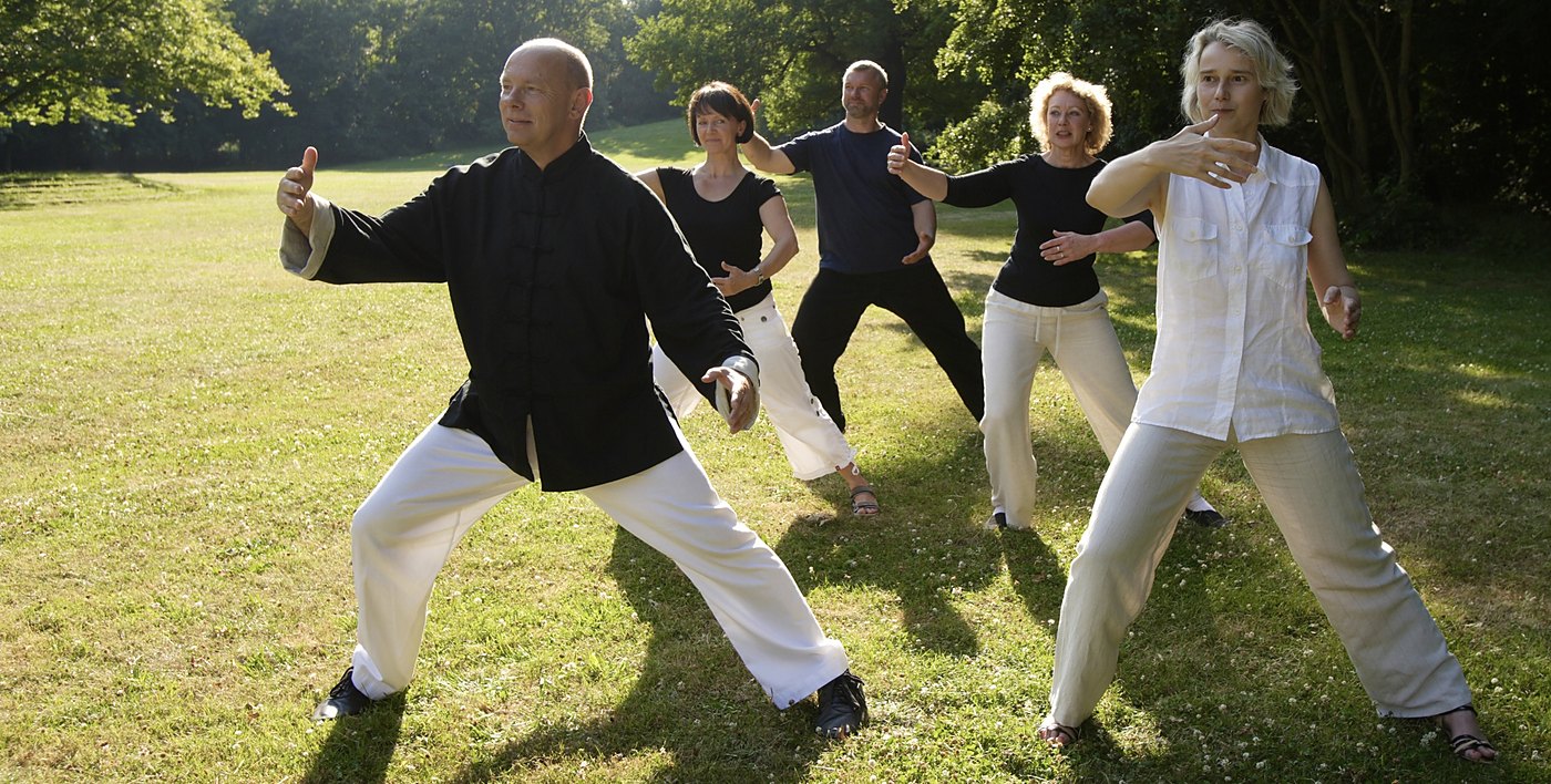 Horst-Rainer Rust übt mit vier Teilnehmenden Qi Gong auf einer Wiese
