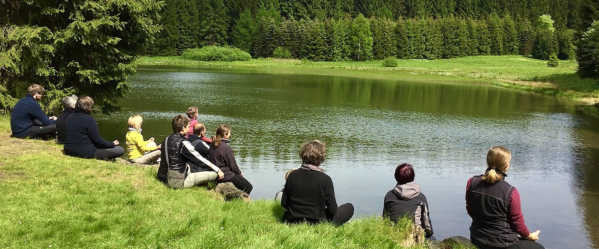 Qi-Gong-Gruppe meditiert an einem stillen Waldsee in der Natur